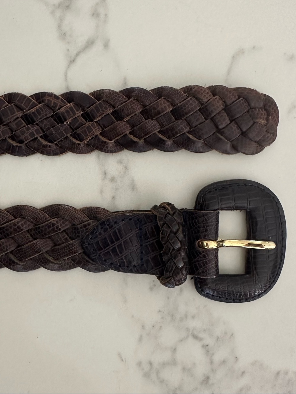 Anthropologie Vintage Braided Leather Belt Covered Buckle Dark Brown / Navy L